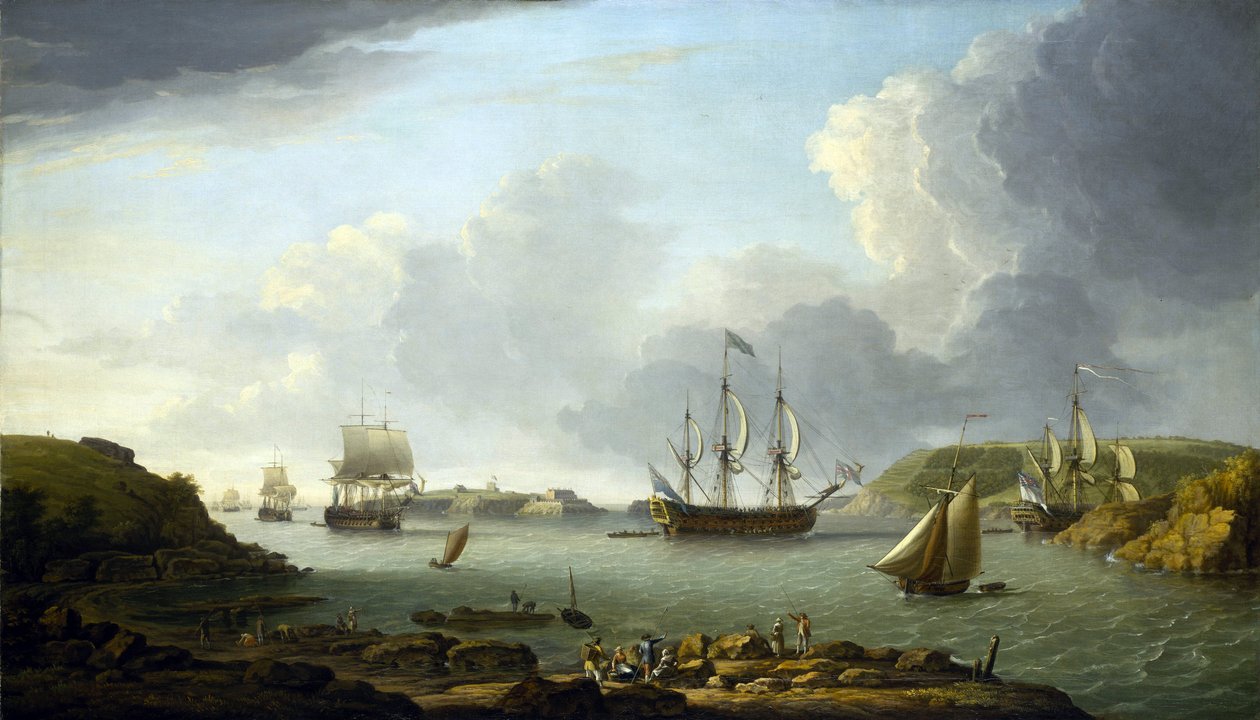 Egy flotta visszatérése Plymouthba (Anglia), a város és az öböl leírása, beleértve a Drake-szigetet és az Edgcumbe-hegyet. Olaj, vászon alkotó: Dominic Serres