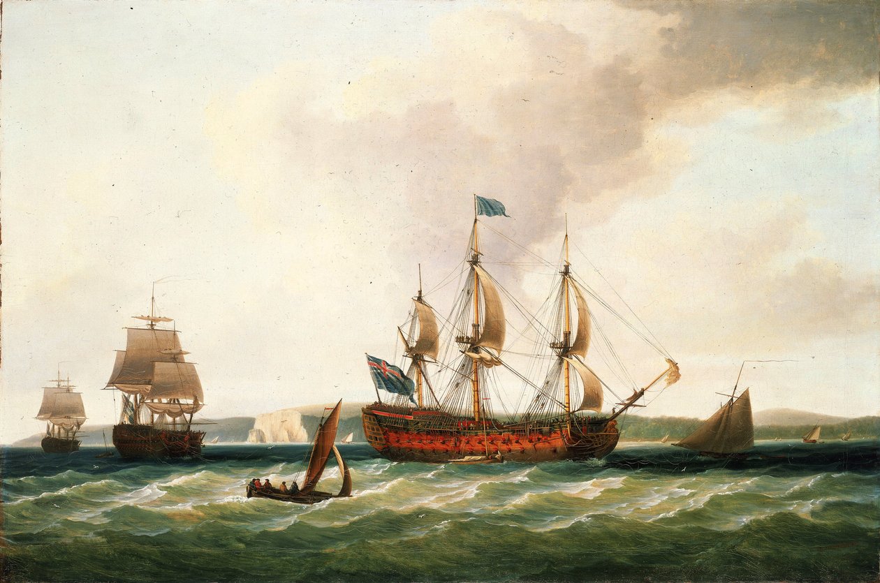 A "Saint George", egy első osztályú 100 ágyús hajó, amelyet 1756-ban építettek a woolwichi hajógyárban (Anglia), a flotta parancsnoki hajója volt az 1759-es quiberoni öbölbeli tengeri csatában, vagy a kardinálisok csatájában. alkotó: Dominic Serres