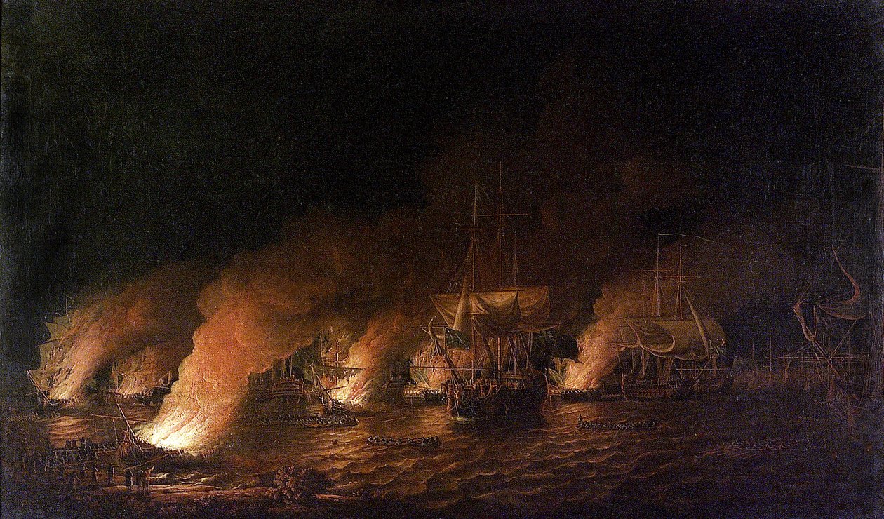 A hétéves háború (1756-1763): Francia hadihajók támadása a brit flottára Quebec City (Kanada) előtt, 1759. június 28-án éjszaka. alkotó: Dominic Serres