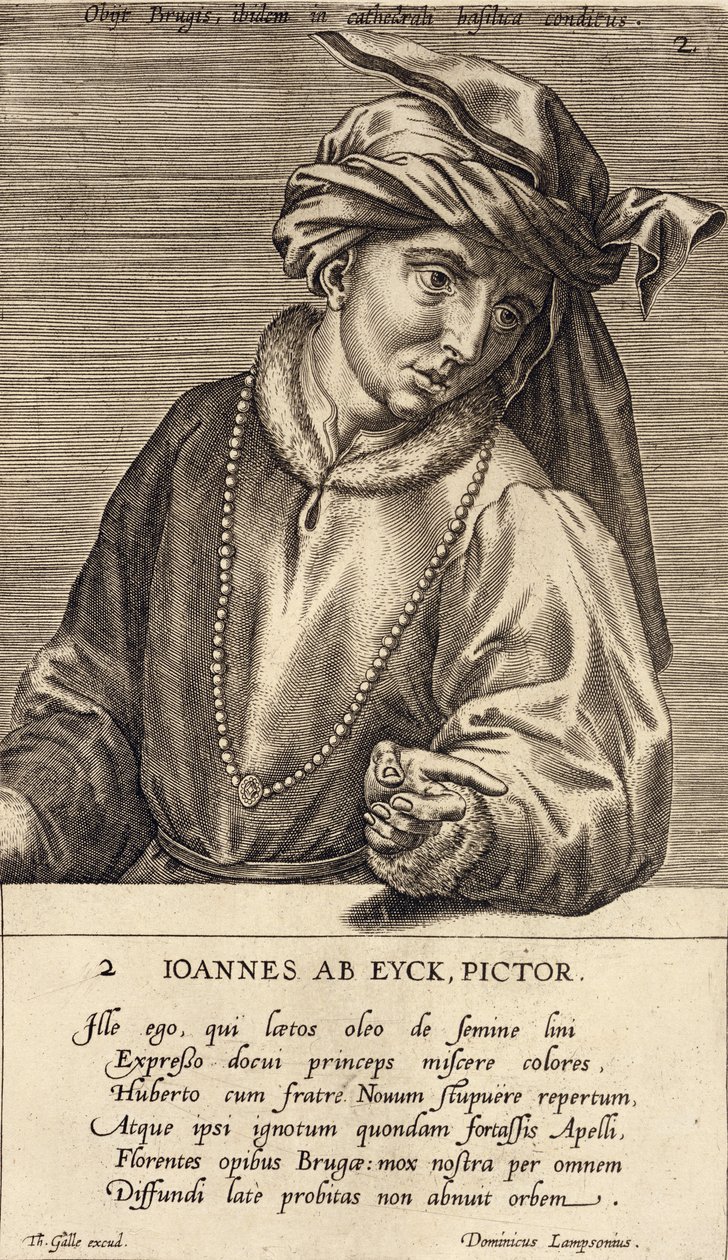 Jan van Eyck (1390-1441 körül) portréja, 2. lemez a művészportrék sorozatából, Theodor Galle (1571-1633) metszete. alkotó: Dominicus Lampsonius