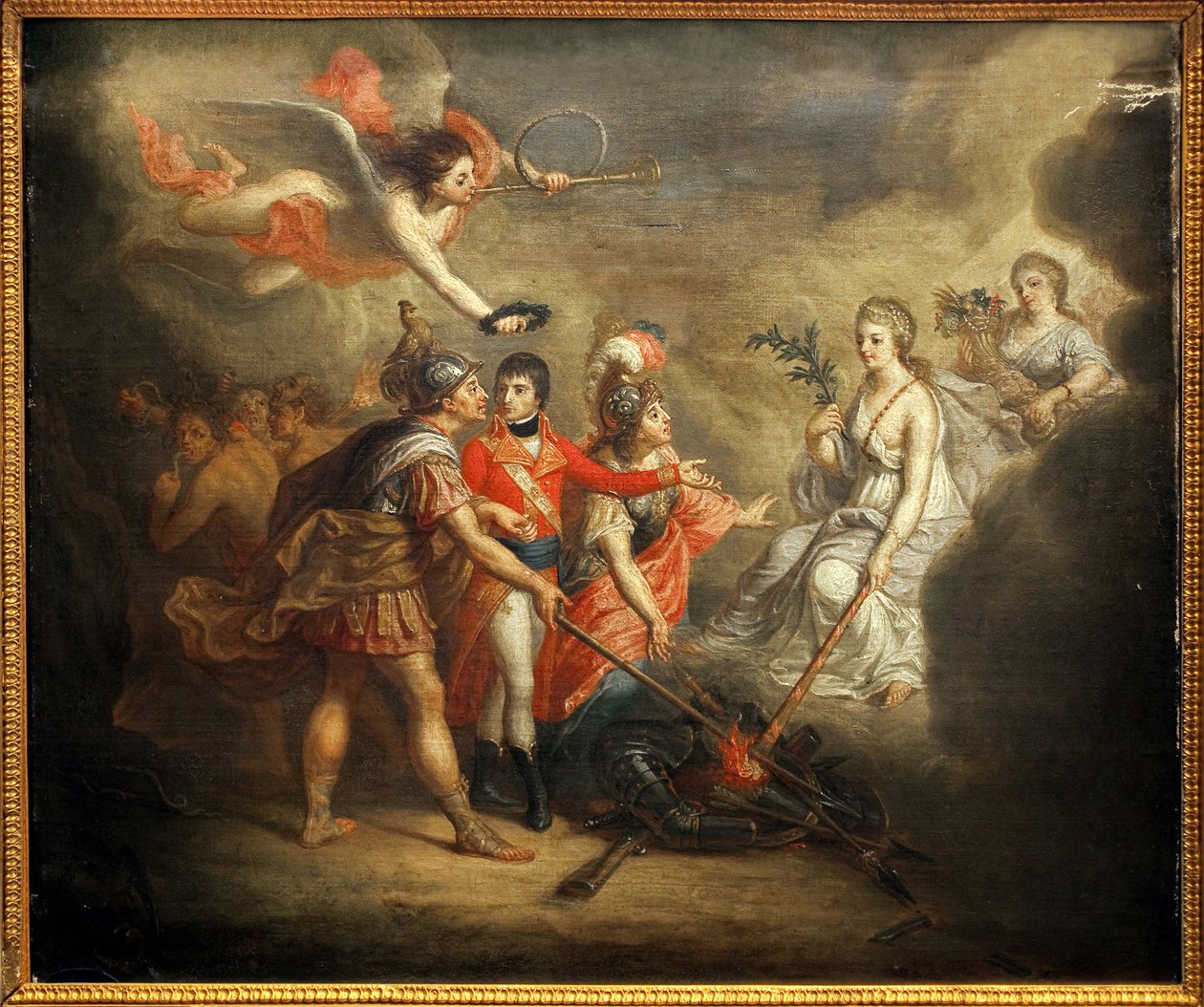 Amiens békéje. Traite 1802. március 25-én aláírt egyrészt az Egyesült Királyság és szövetségesei, az Oszmán Birodalom, másrészt Franciaország, Spanyolország és Hollandia között. A festmény I. Bonaparte Napóleont ábrázolja, akit trombitáló angyal koronázott alkotó: Dominique Doncre