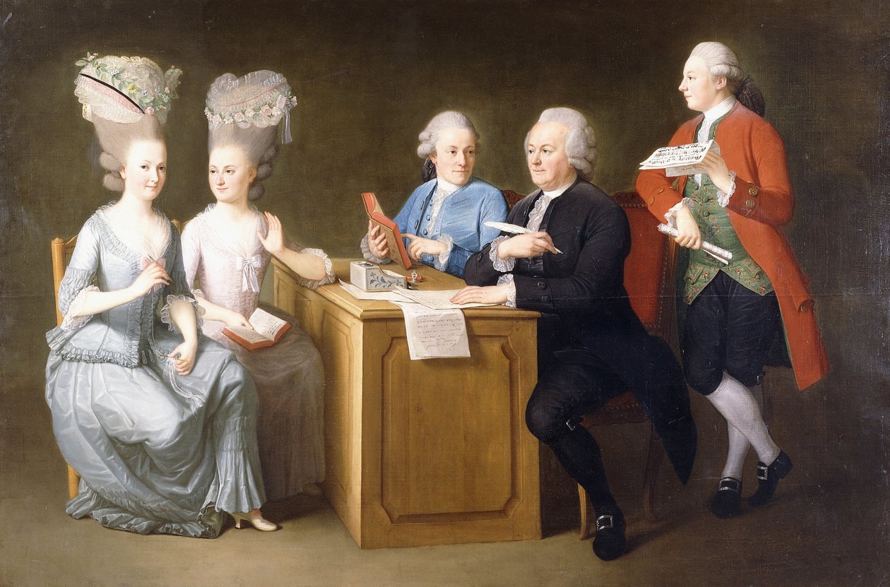 Monsieur Le Roy csoportportréja két lányával és két fiával, teljes alakban egy asztalnál ülve, 1779 alkotó: Dominique Doncre