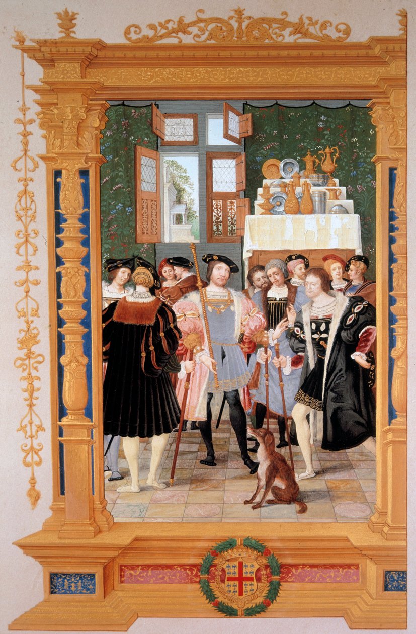 Etienne Leblanc (1490-1565) bemutatja Anne de Montmorency-nek (1493-1567) Ciceron beszédének (1531) fordítását – Szentpéterváron (Oroszország) őrzött homlokzati másolat, Dominique Henri Guifard (1838-1913) gouache. , 19. század vége - C alkotó: Dominique Henri Guifard
