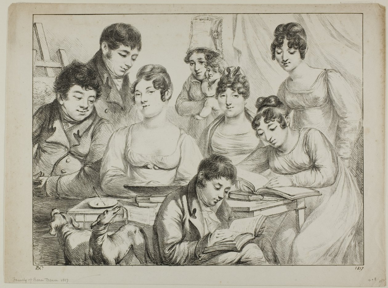 Beszélgetés, családi rajz és olvasás, a nővér egy csecsemőt tartva, Edmond de Beauvau herceg portréja a szék mögött, valamint Madame Lavallée és Madame Vallory portréi, mindketten ülnek alkotó: Dominique Vivant Denon