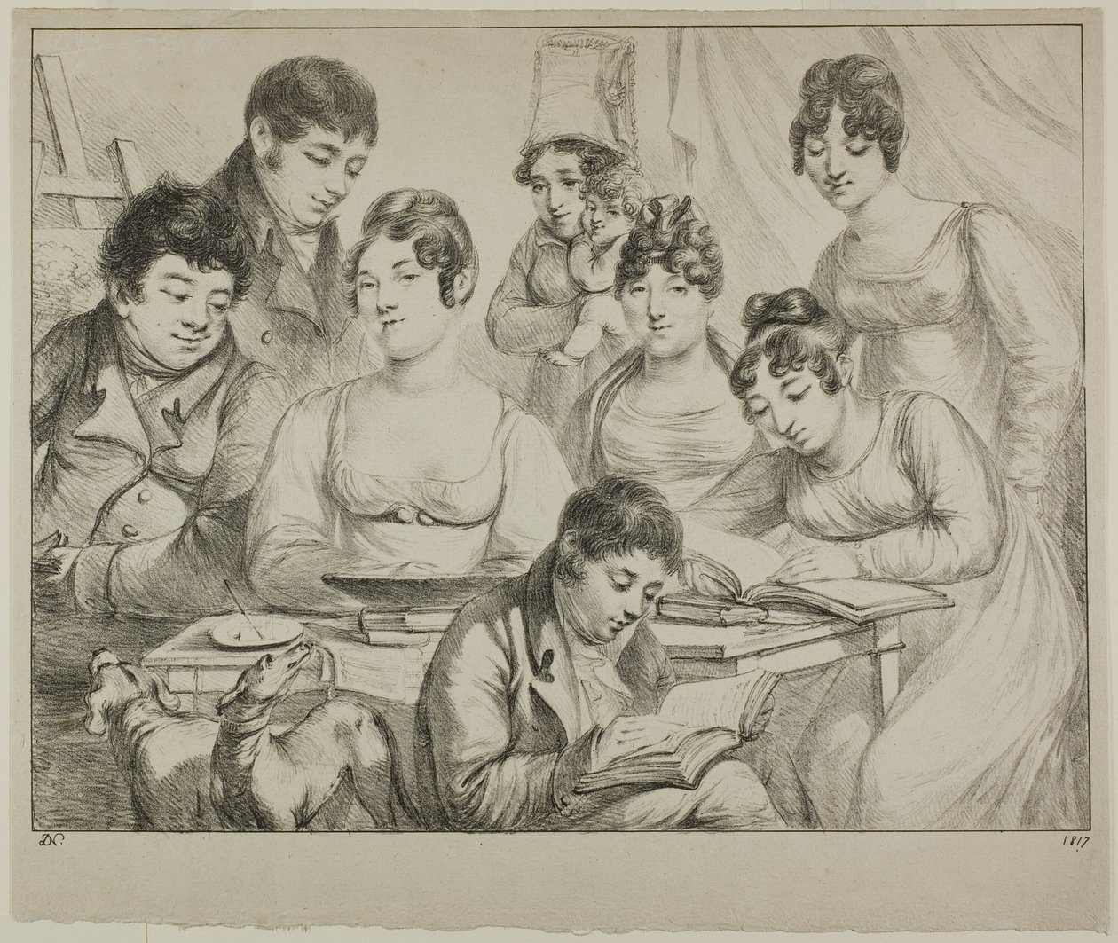 Beszélgetés, családi rajz és olvasás, a nővér egy csecsemőt tartva, Edmond de Beauvau herceg portréja a szék mögött, valamint Madame Lavallée és Madame Vallory portréi, mindketten ülnek alkotó: Dominique Vivant Denon