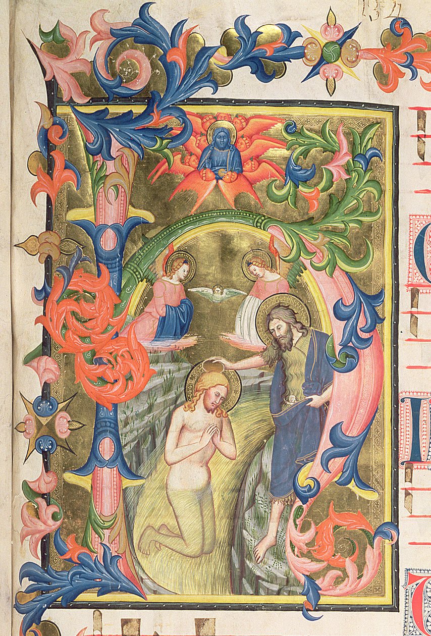 Krisztus megkeresztelkedése, történeti kezdeti h vellum részlet 362972. sz alkotó: Don Simone Camaldolese