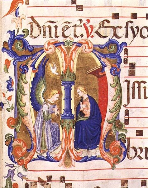 Ms 572 f.147r Történeti „M” kezdőbetű, amely az Angyali üdvözletet ábrázolja a firenzei Santa Maria del Carmine antifónájából (vellum) alkotó: Don Simone and school Camaldolese