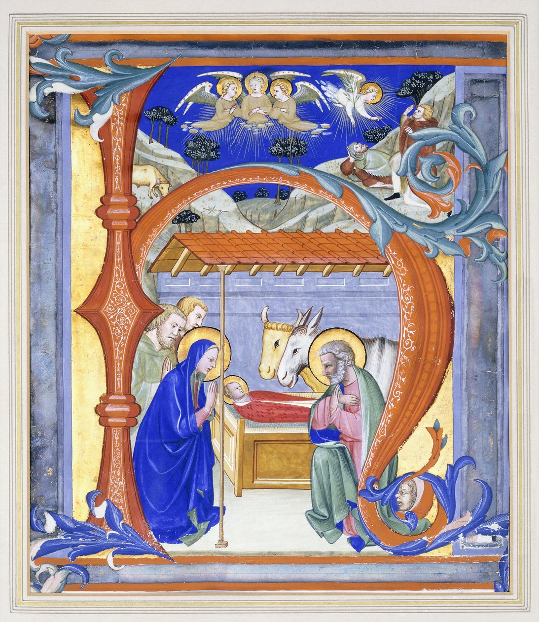 Megvilágított történeti "N" kezdőbetű, amely egy betlehemet ábrázol, 1410 alkotó: Don Simone Camaldolese