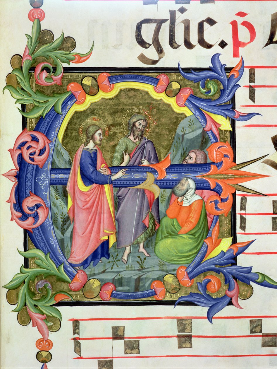 Ms 572 f.107 r Történeti „E” kezdőbetű, amely Keresztelő Szent Jánost ábrázolja, aki bemutatja Krisztust két tanítványnak, antifónról alkotó: Don Simone Camaldolese