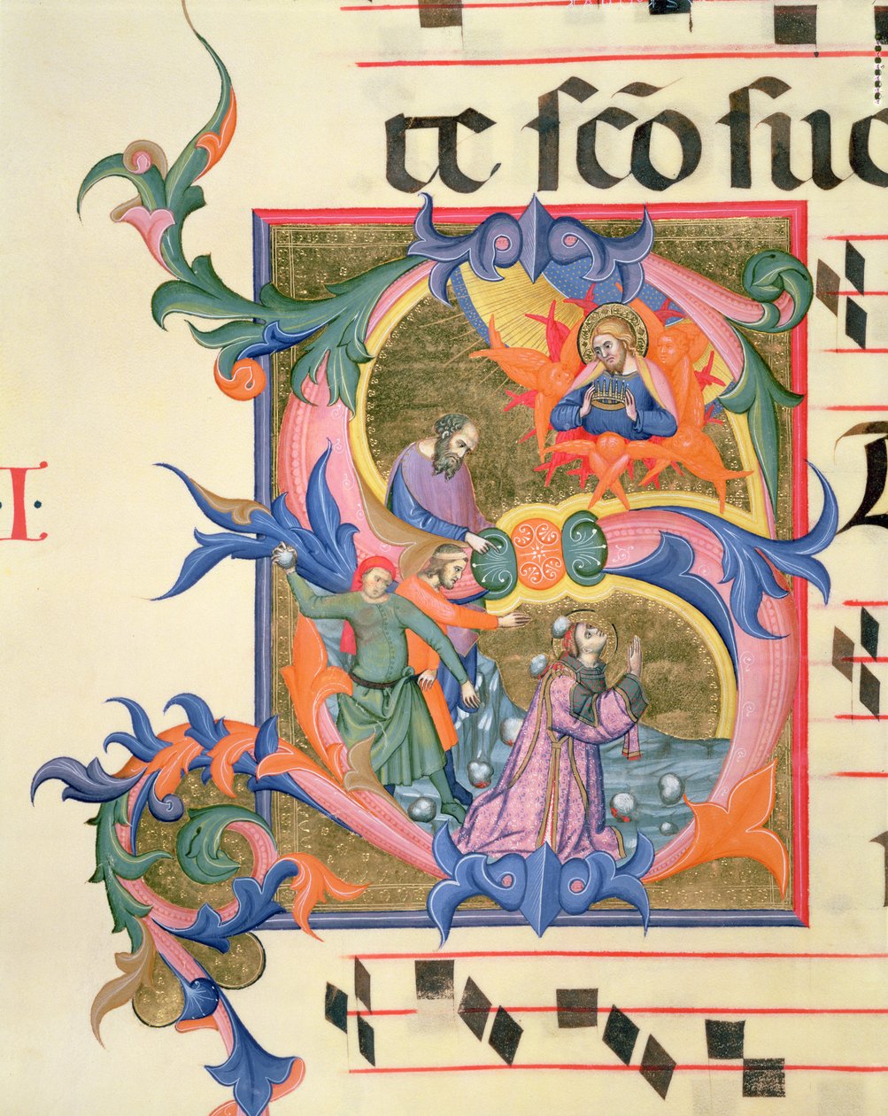 Ms 572 f.32v Szent István megkövezését ábrázoló, történelmi „S” kezdőbetű alkotó: Don Simone Camaldolese
