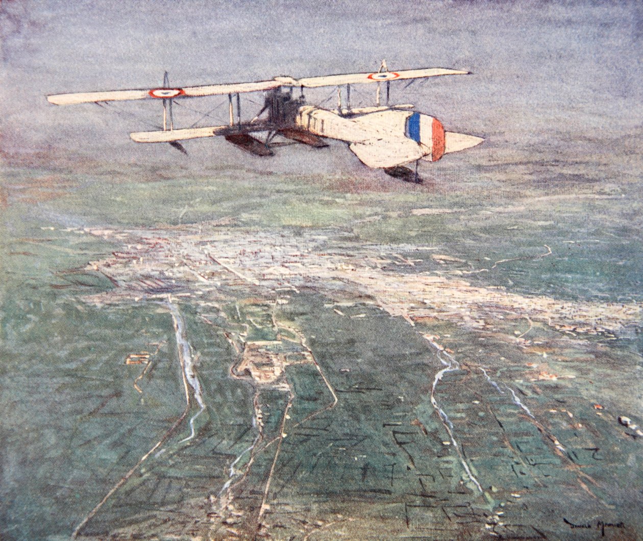 Damaszkusz felett átrepülő hidroplán, Gordon S. Maxwell „The Naval Front” című illusztrációja, 1920 alkotó: Donald Maxwell