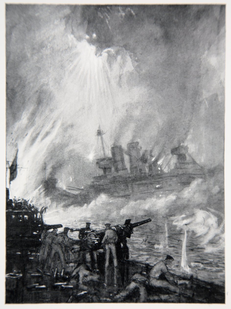 Harcolj az utolsó fegyverrel: a H.M.S. gáláns vége Tiperrary Jütlandban, illusztráció Gordon S. Maxwell „The Naval Front” című művéből, 1920 alkotó: Donald Maxwell