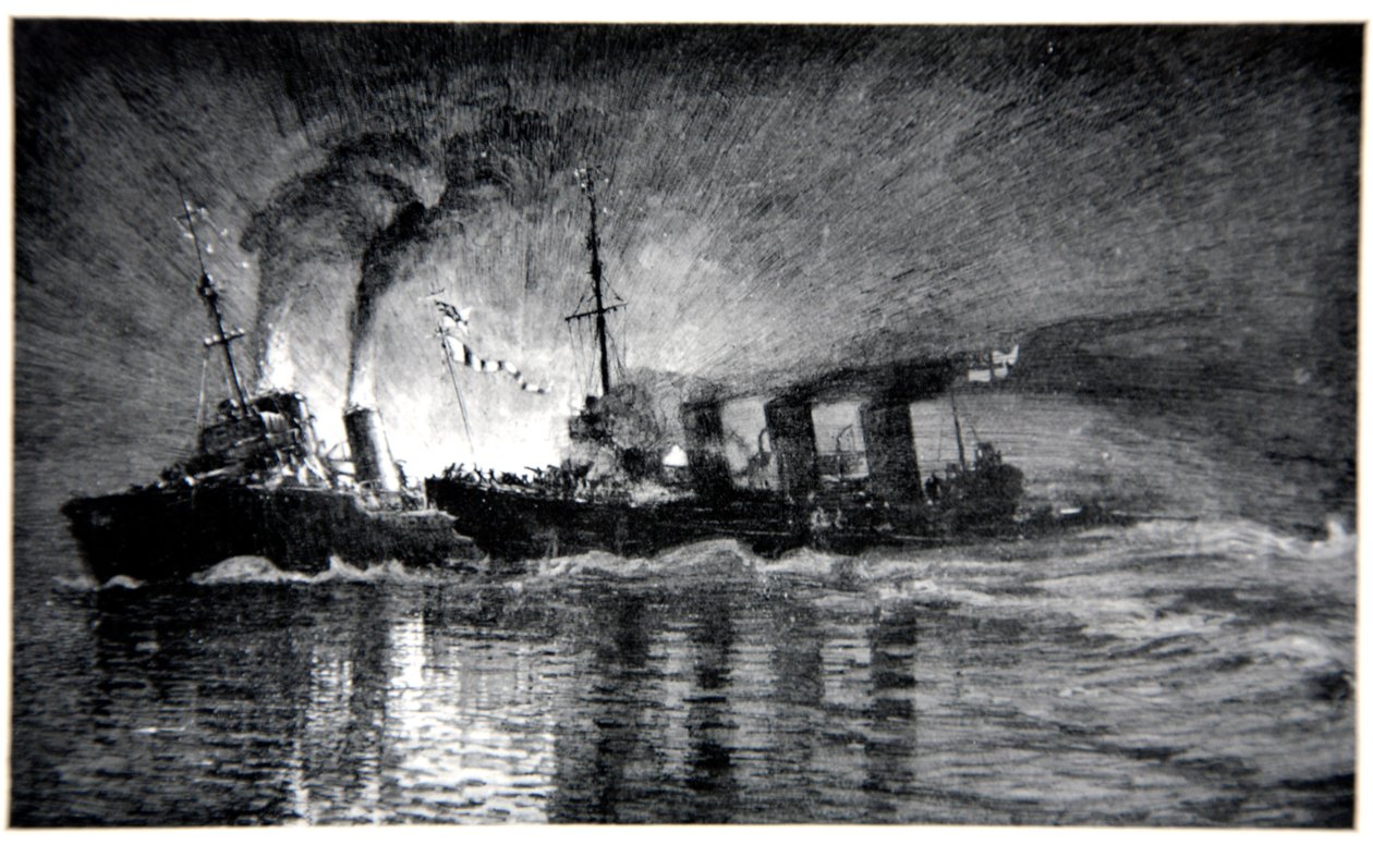 A HMS Broke döngölte a német rombolót, illusztrációja Gordon S. Maxwell „The Naval Front” című filmjéből, 1920 alkotó: Donald Maxwell