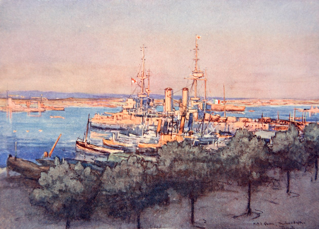 H.M.S. Queen, Trawlers and Drifters, Taranto, illusztráció Gordon S. Maxwell "The Naval Front" című művéből, 1920. alkotó: Donald Maxwell