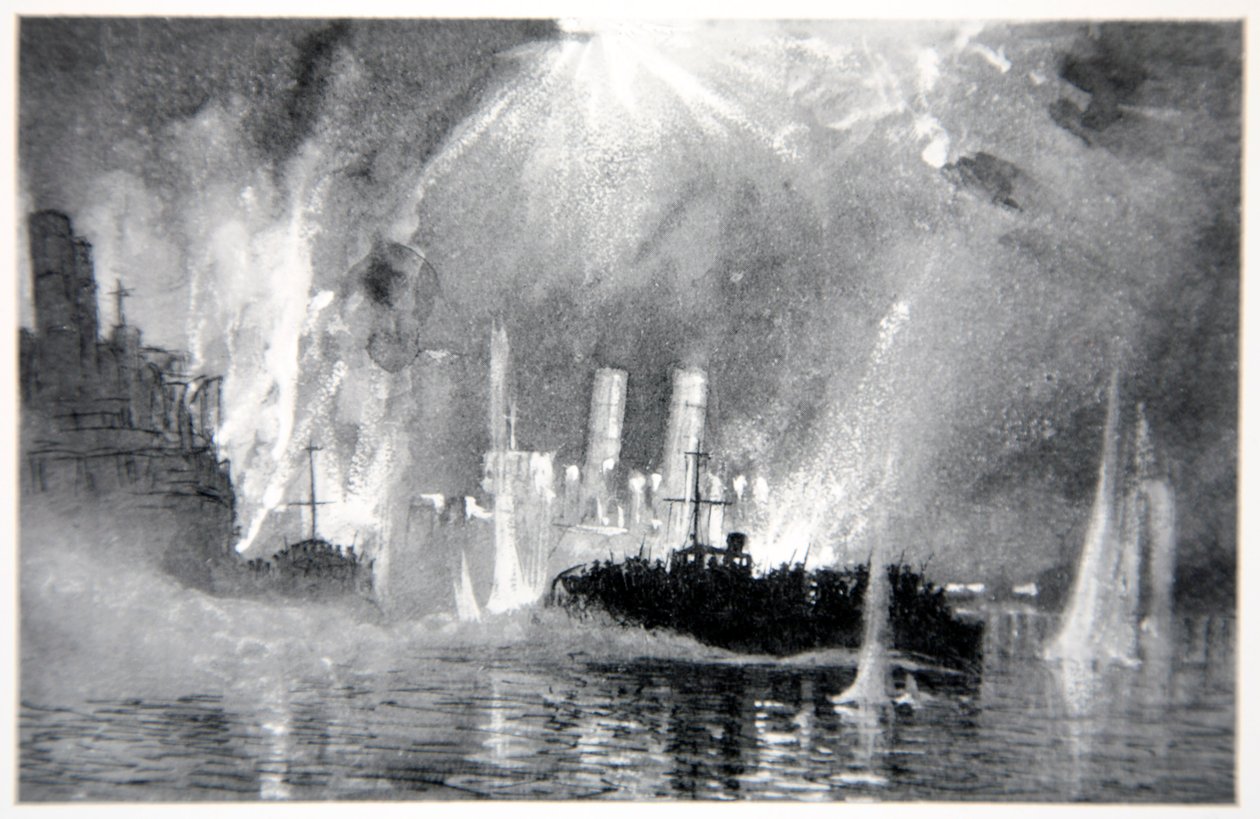 A motor elindítja a blokkhajók legénységének megmentését Zeebrugge-ben, illusztrációja Gordon S. Maxwell „The Naval Front” című művéből, 1920 alkotó: Donald Maxwell