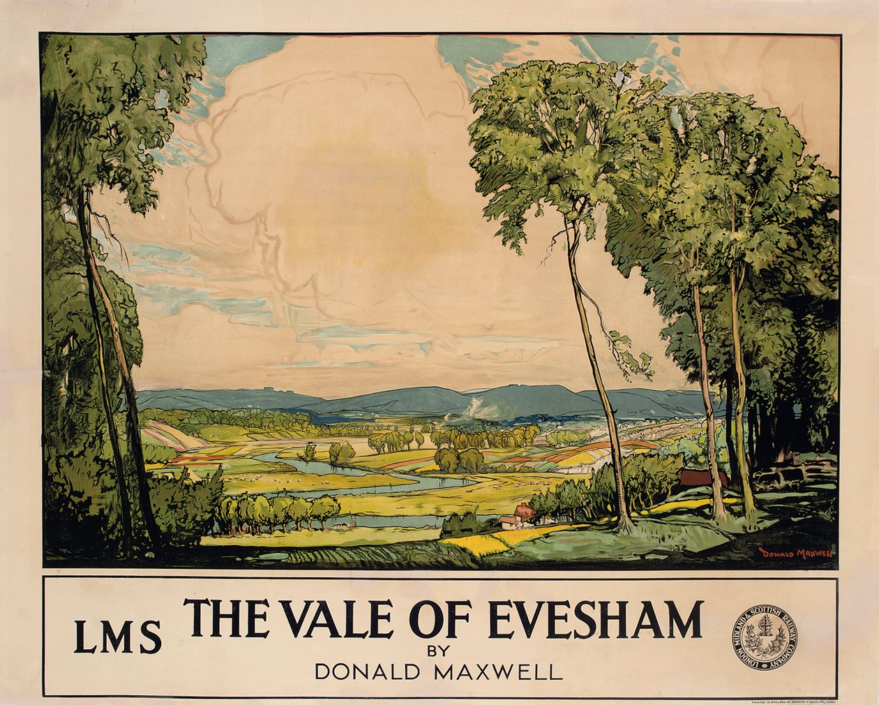 The Vale of Evesham, plakát, amely Londont, Midland-et és a skót vasutat hirdeti (színes litho) alkotó: Donald Maxwell
