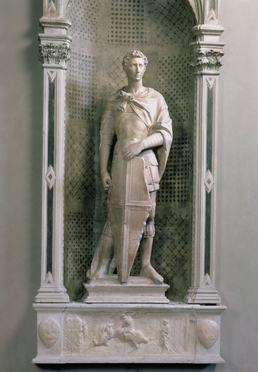 Szent György egy fülkében, Szent György domborművel, aki megöli a sárkányt lent (márvány) (restaurálás után, lásd még: 87899) alkotó: Donatello