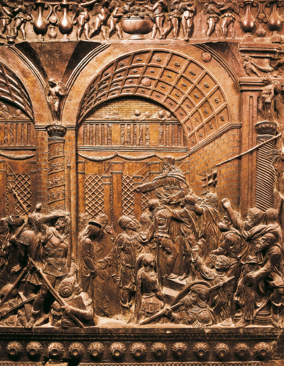 Reneszánsz művészet (Quattrocento): Krisztus vezet Kaifás elé. 1460. Alacsony dombormű bronzon) alkotó: Donatello