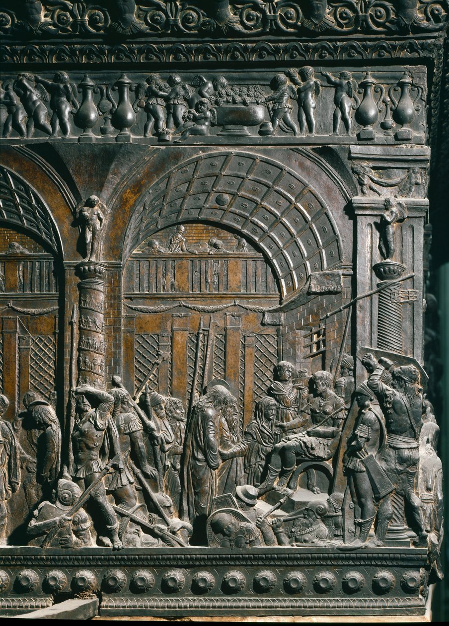 Krisztus Poncius Pilátus előtt. Részlet. A bal oldali szószék alacsony domborműve, 1460 körül kb alkotó: Donatello