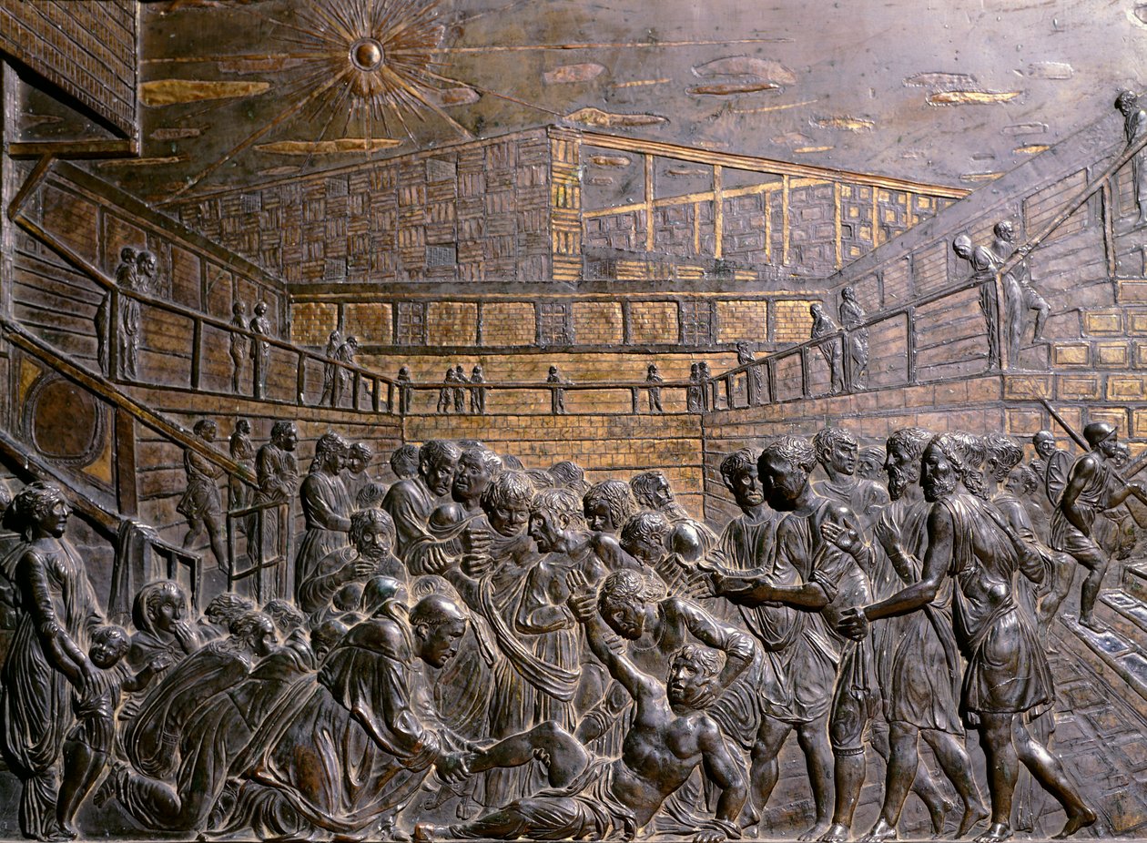Olaszország, Padova, Páduai Szent Antal-bazilika, Szent Antal az ifjúság lábát gyógyítja, Donatello (1386-1466 körül), dombormű alkotó: Donatello