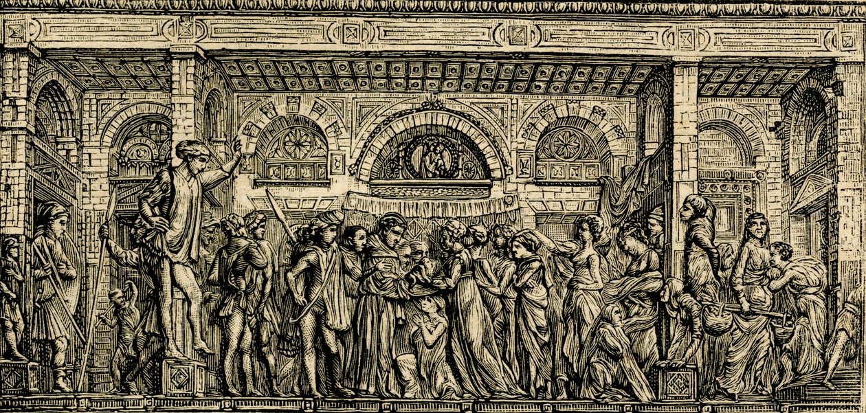 Az újszülött gyermek csodája beszél, Szent Antal oltár, Donatello bronz domborműve, Padovai Szent Antal bazilika, Padova, Veneto, Olaszország, fametszet a Le cento citta d