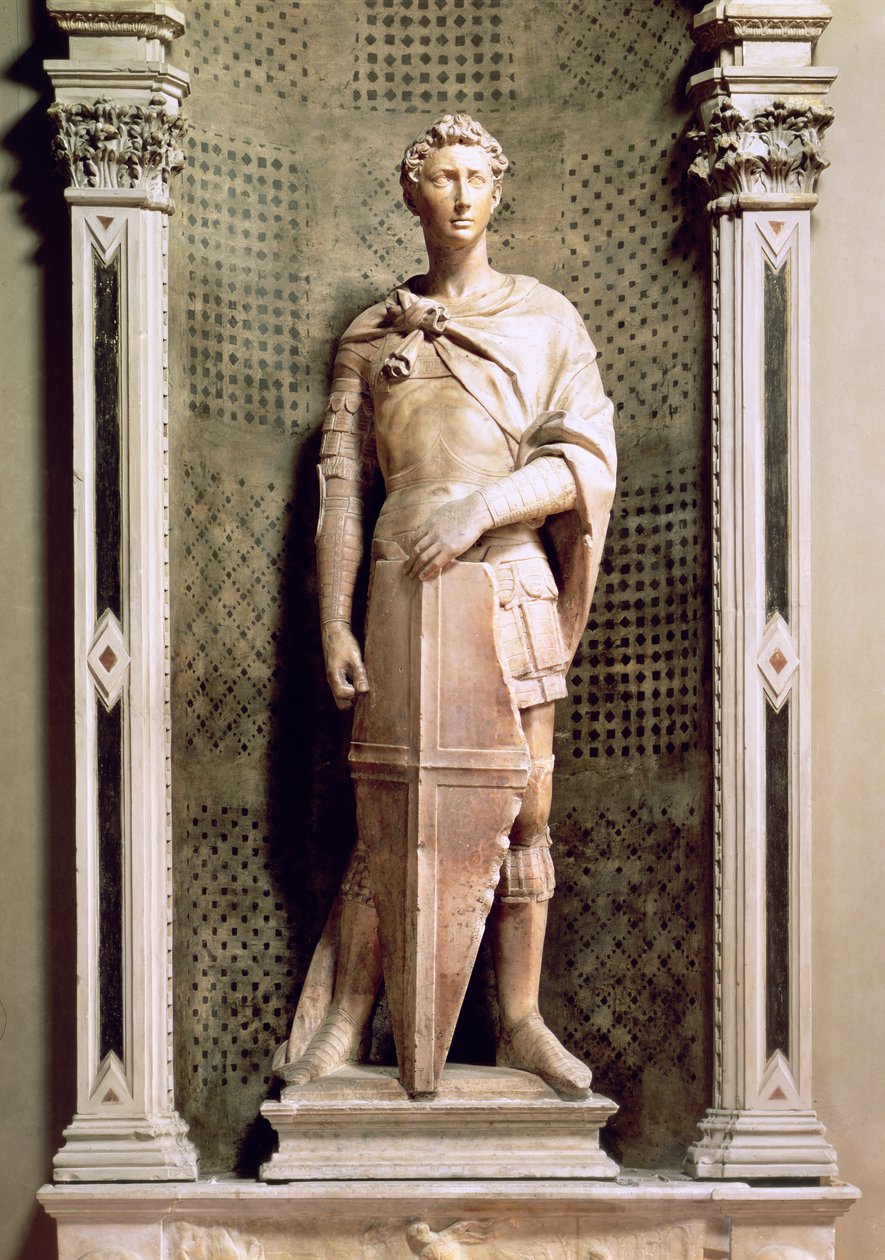 Szent György egy fülkében, Szent György domborművel, amint lent a sárkányt megöli (márvány) (lásd még: 55431 és 87899) alkotó: Donatello