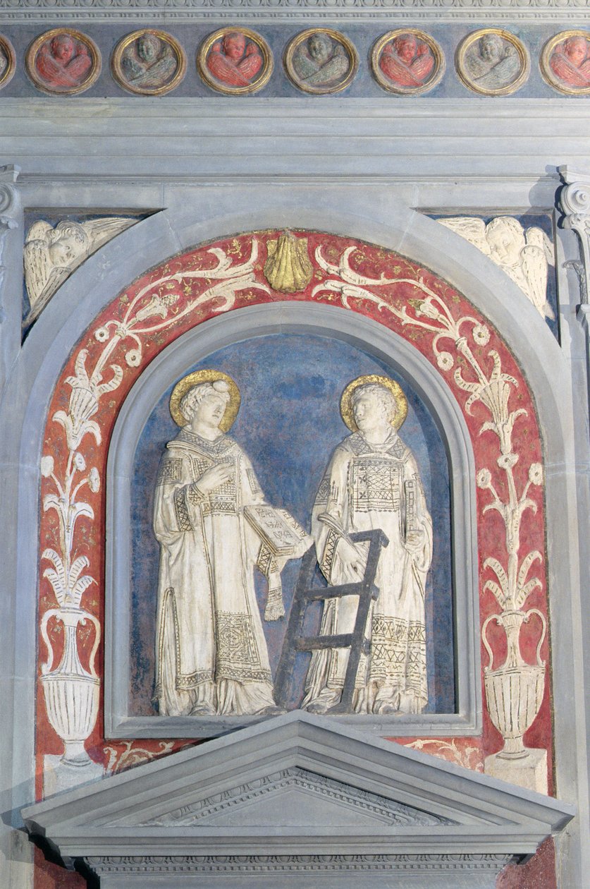 Szent Lőrinc és Szent István, alacsony domborműves szobor az északi ajtó felett, 1440 körül (terrakotta) alkotó: Donatello