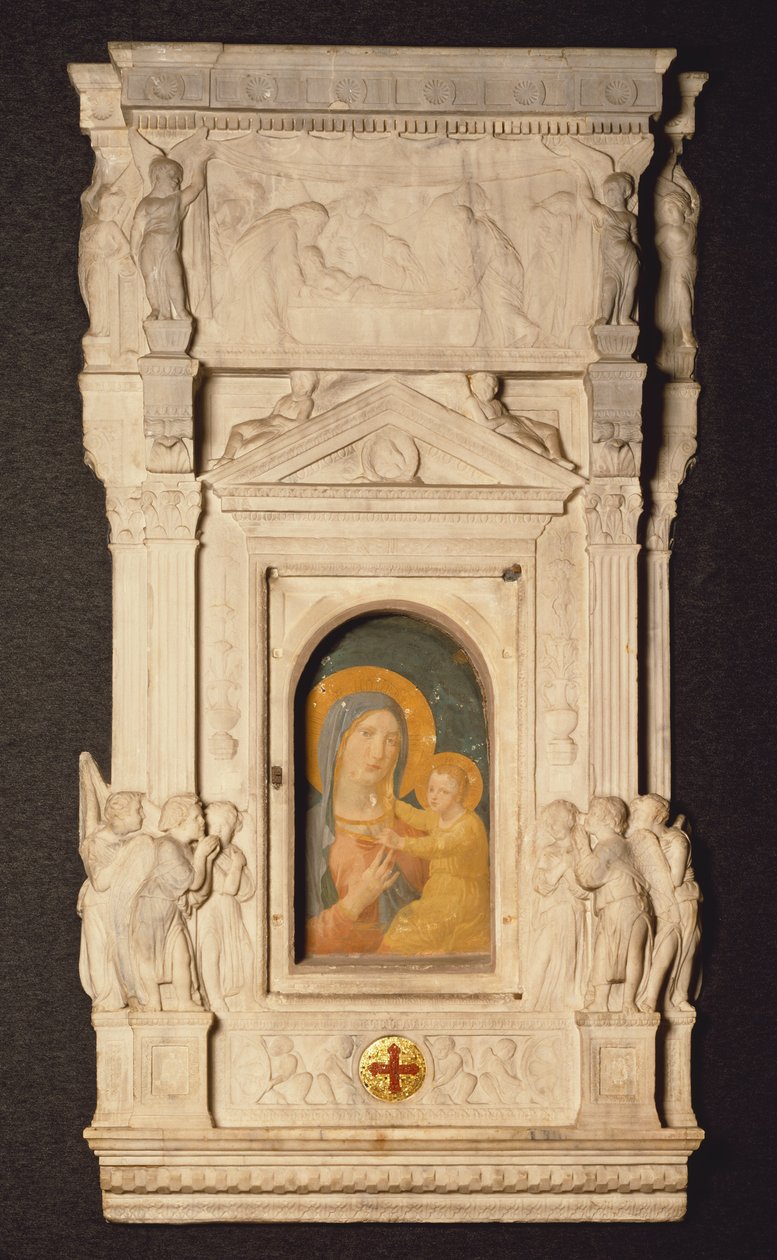 Donatello (1386-1466) Eucharisztia Szentsége Tabernákulum, vagy Cibórium, a lázas Madonnát ábrázoló 14. századi freskó töredékével, a Szent Péter-bazilika Kincstár Múzeuma, Róma, Vatikánváros alkotó: Donatello