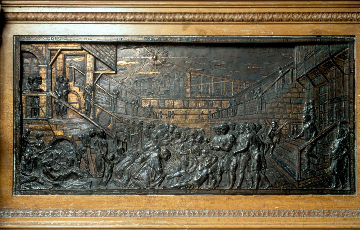 Szent Antal csodája, a láb visszahelyezése, tábla a főoltárról (bronz dombormű alkotó: Donatello