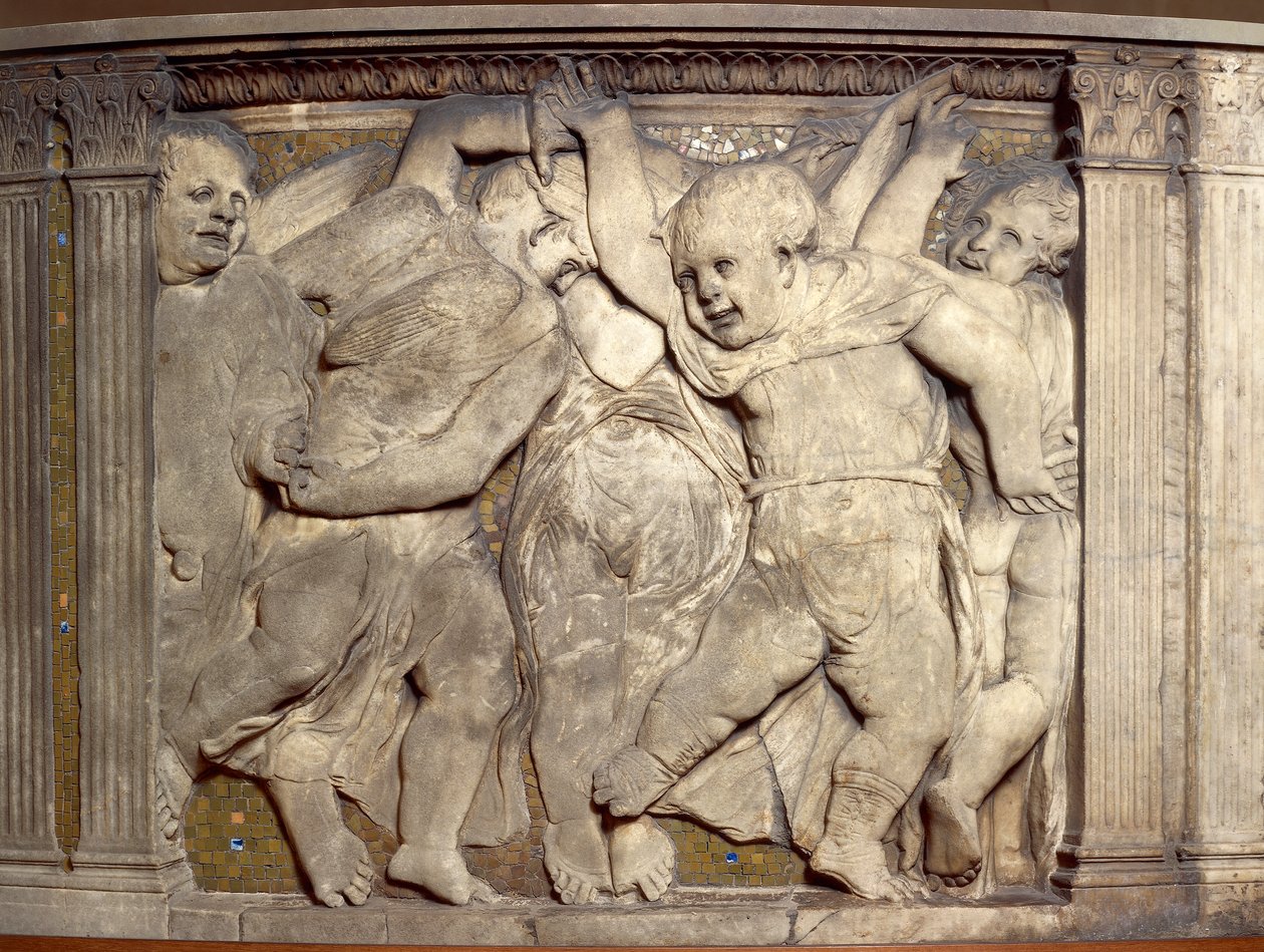Csempe táncoló puttókkal, Donatello (1386-1466 körül), márvány dombormű, a pratói székesegyház szószéke, Toszkána alkotó: Donatello