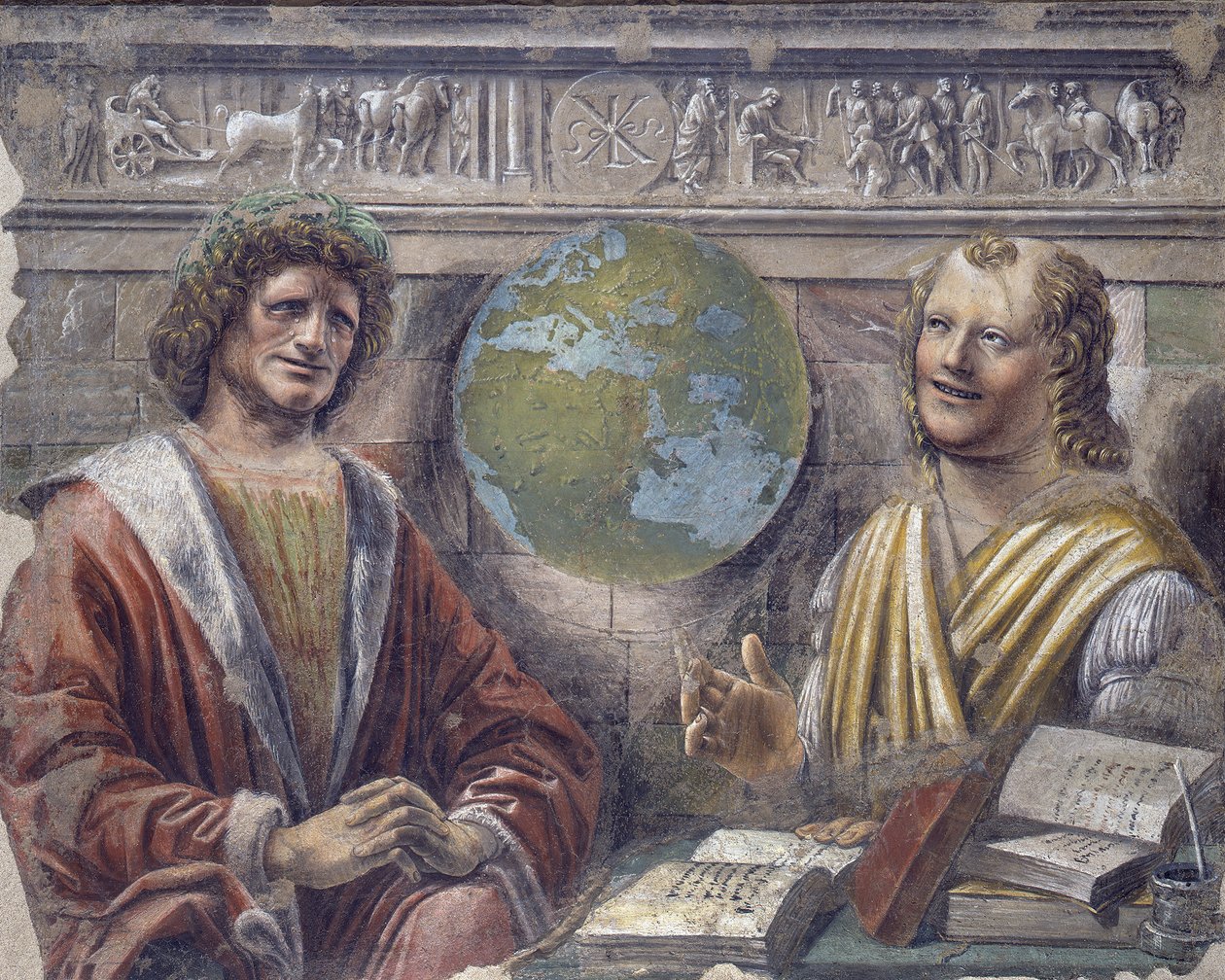 Hérakleitosz és Démokritosz, 1486 körül (vásznon hordott leválasztott freskó) alkotó: Donato Bramante