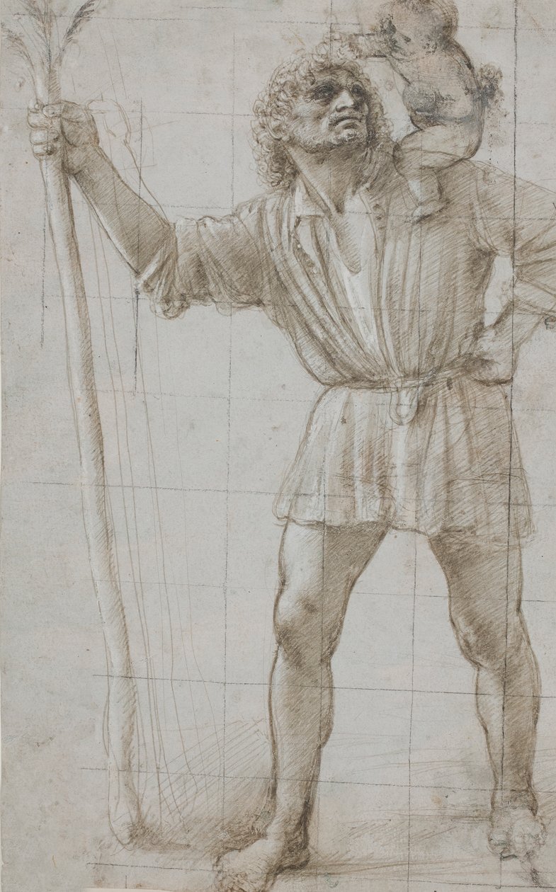 Szent Kristóf a kisded Jézussal, c. 1490 (ezüstpontos, fehérrel kiemelve, világosszürke előkészített papíron) alkotó: Donato Bramante
