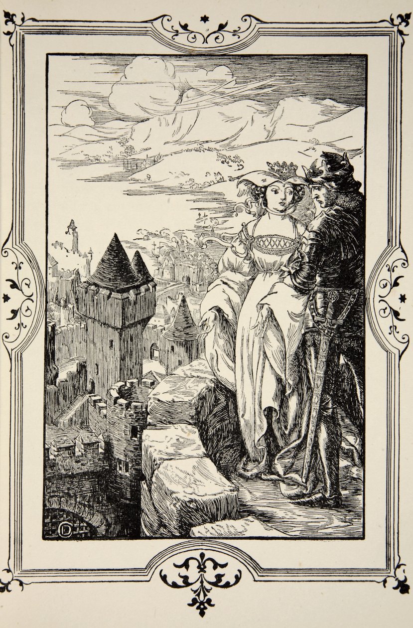 Annoure kihozta a királyt a csatatérre, illusztráció a "Stories of King Arthur and the Round Table" című könyvből, írta Beatrice Clay, 1. kiadás, 1905. alkotó: Dora Curtis