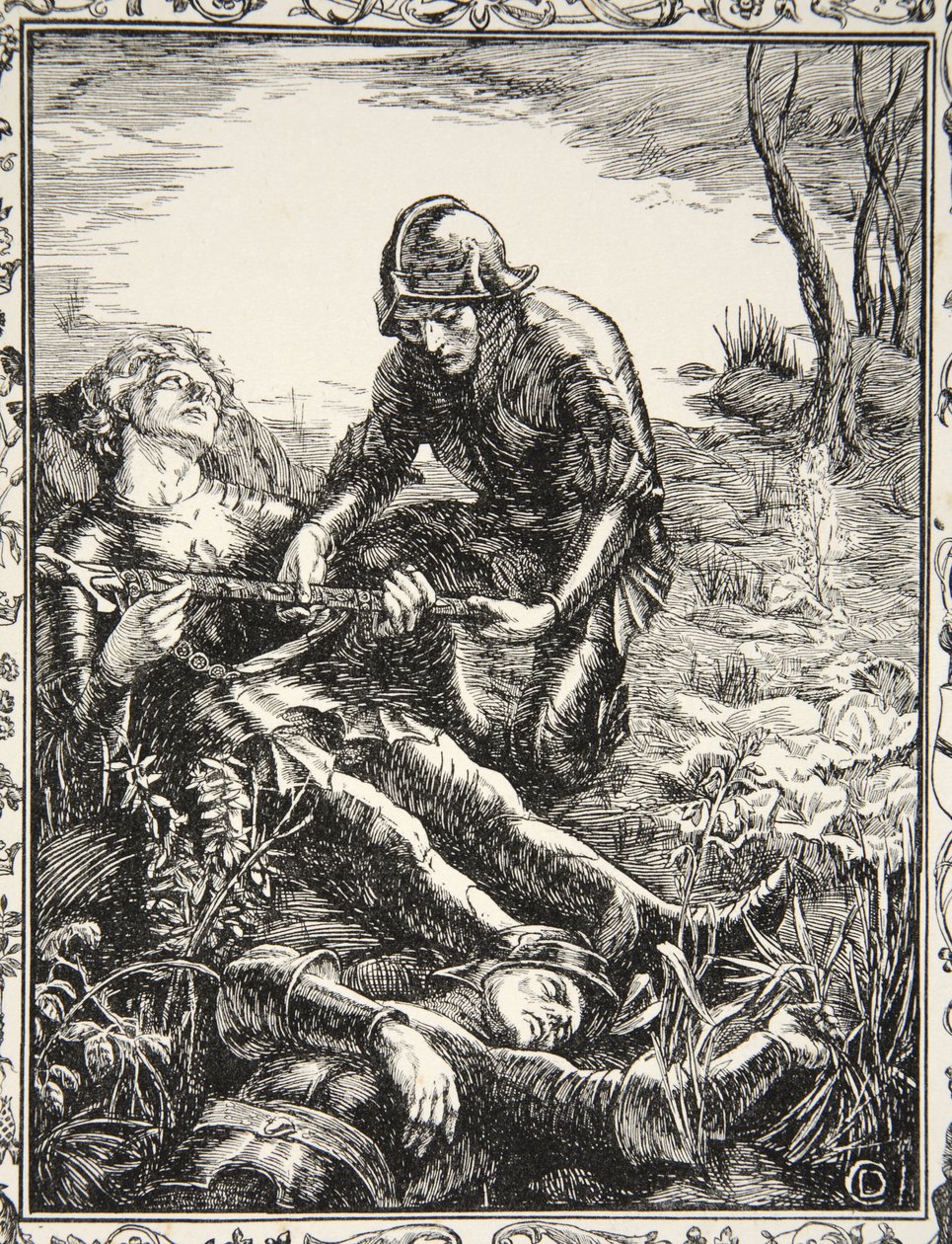 Arthur átadja Excaliburt Sir Bedevere-nek, illusztráció a "Stories of King Arthur and the Round Table" című könyvből, írta Beatrice Clay, 1. kiadás, 1905. alkotó: Dora Curtis