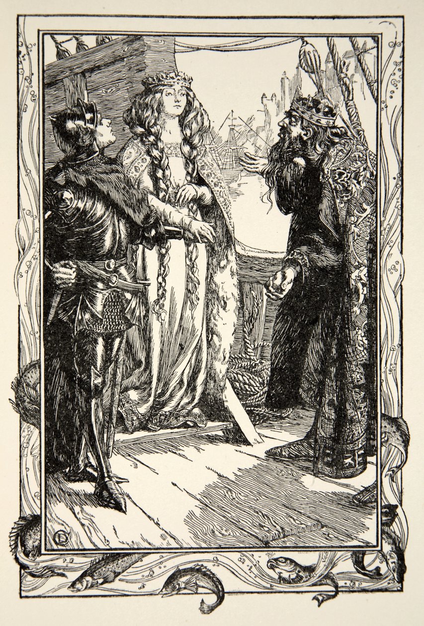 A King Anguish Isoltot ad Sir Tristramnak, illusztrációja Beatrice Clay „Arthur király és a kerekasztal történetei” című könyvéből, 1. kiadás, 1905 alkotó: Dora Curtis