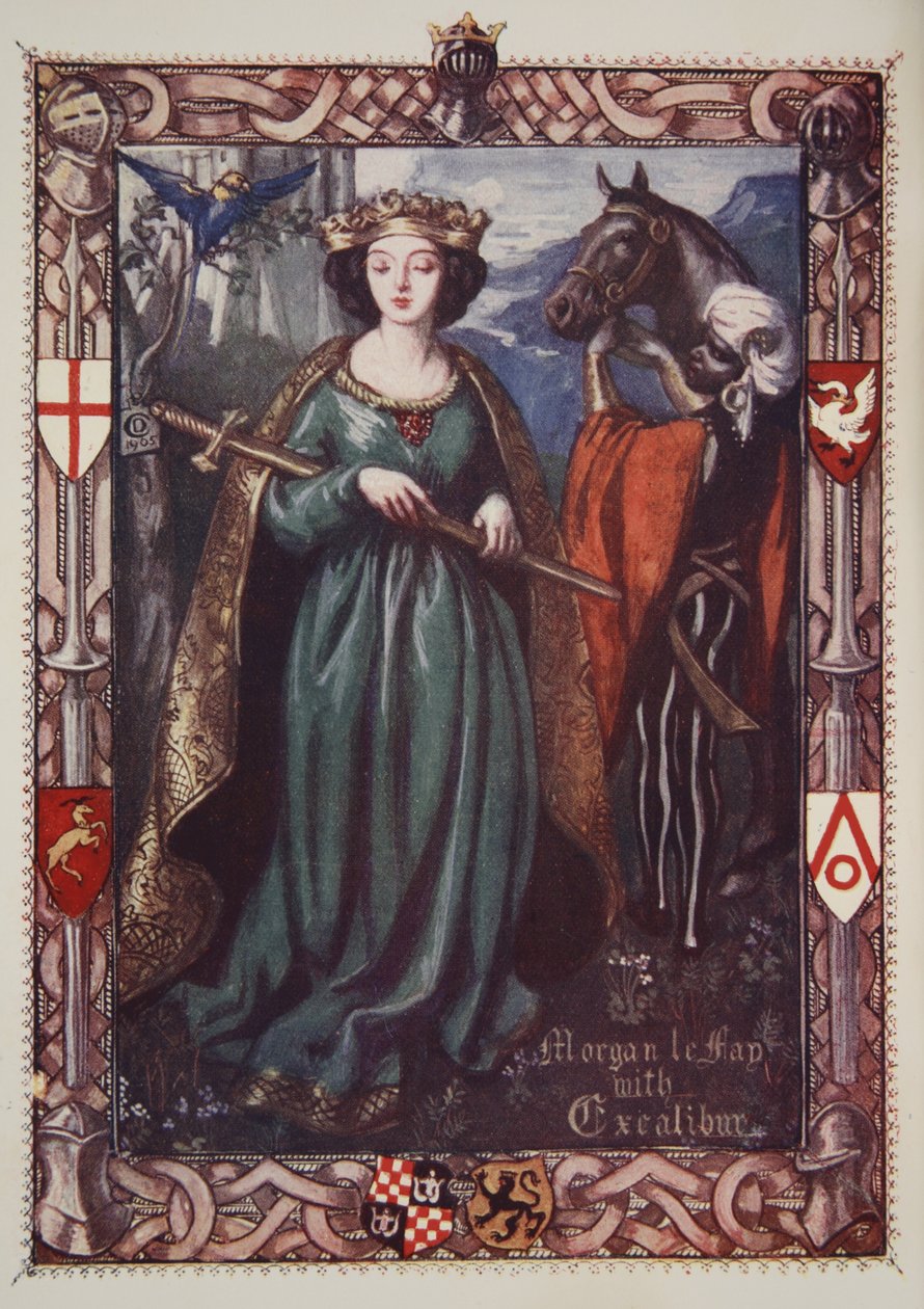 Morgan le Fay Excaliburral, Beatrice Clay „Artúr király és a kerekasztal történetei” című illusztrációja, 1. kiadás, 1905 alkotó: Dora Curtis