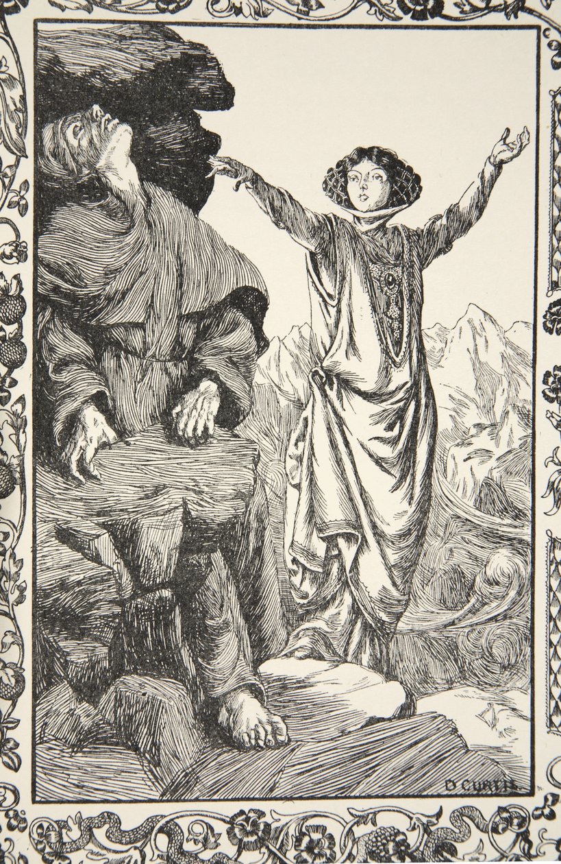 Ő okozta a szikla leállását, illusztrációja Beatrice Clay „Stories of Arthur King and the Round Table” című könyvéből, 1. kiadás, 1905 alkotó: Dora Curtis