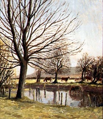 Szarvasmarha egy tó mellett (olaj, vászon) alkotó: Dora Carrington