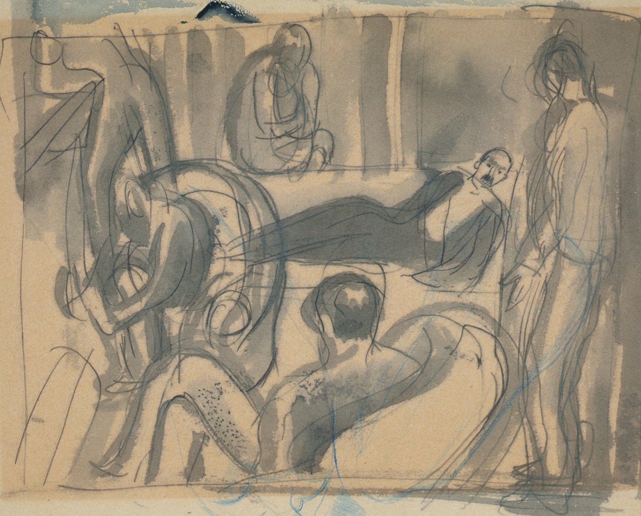 Maynard Keynes, Lytton Strachey és társai, 1916 körül (ceruza és akvarell papíron) alkotó: Dora Carrington