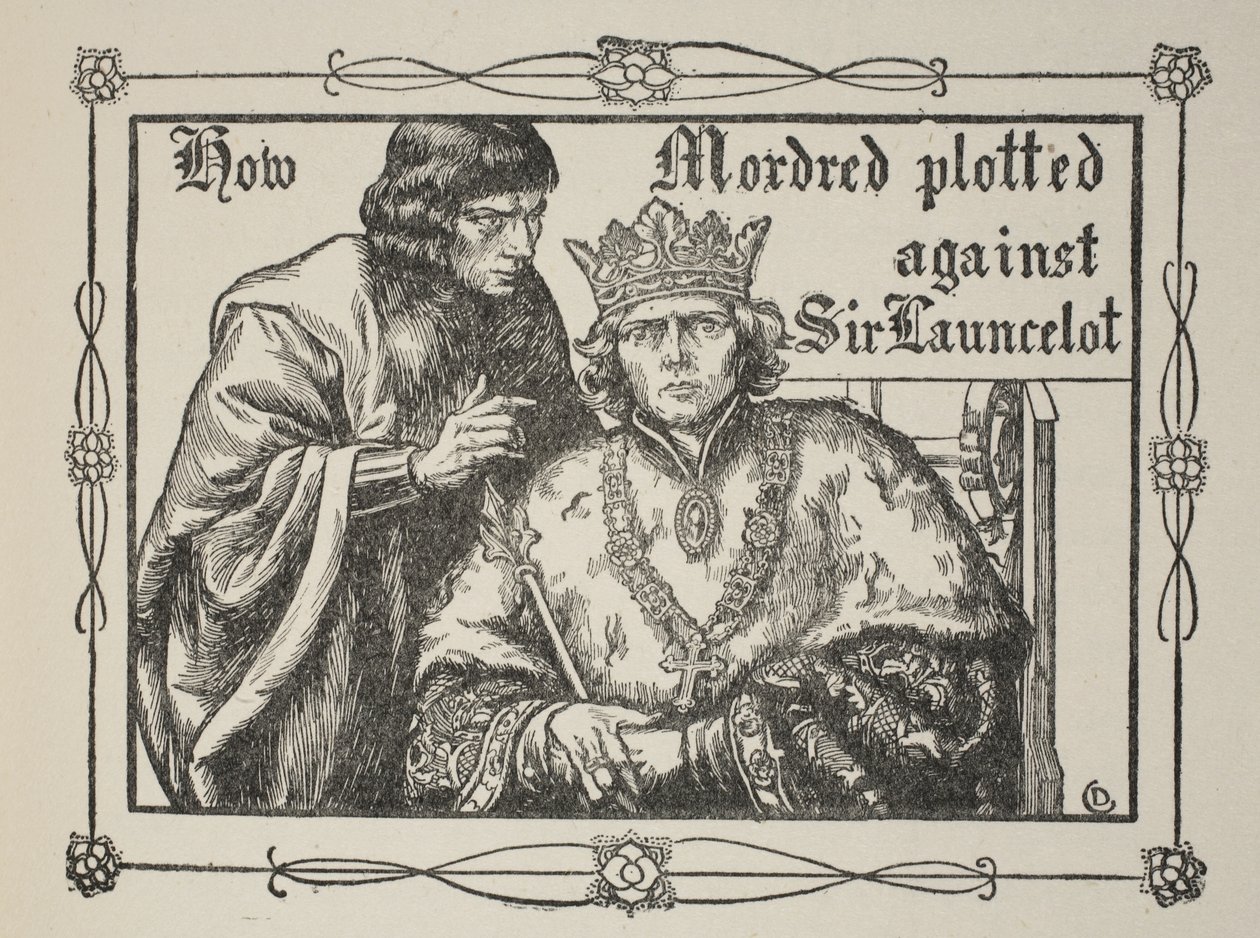 Hogyan szőtt össze Mordred Sir Launcelot ellen, illusztrációja Beatrice Clay „Arthur király és a kerekasztal történetei” című könyvéből, 1. kiadás, 1905 alkotó: Dora Curtis
