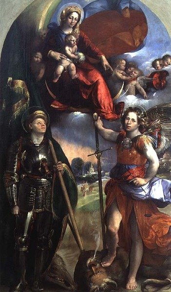 Madonna és gyermek Szent Györggyel és Szent Mihállyal alkotó: Dosso Dossi