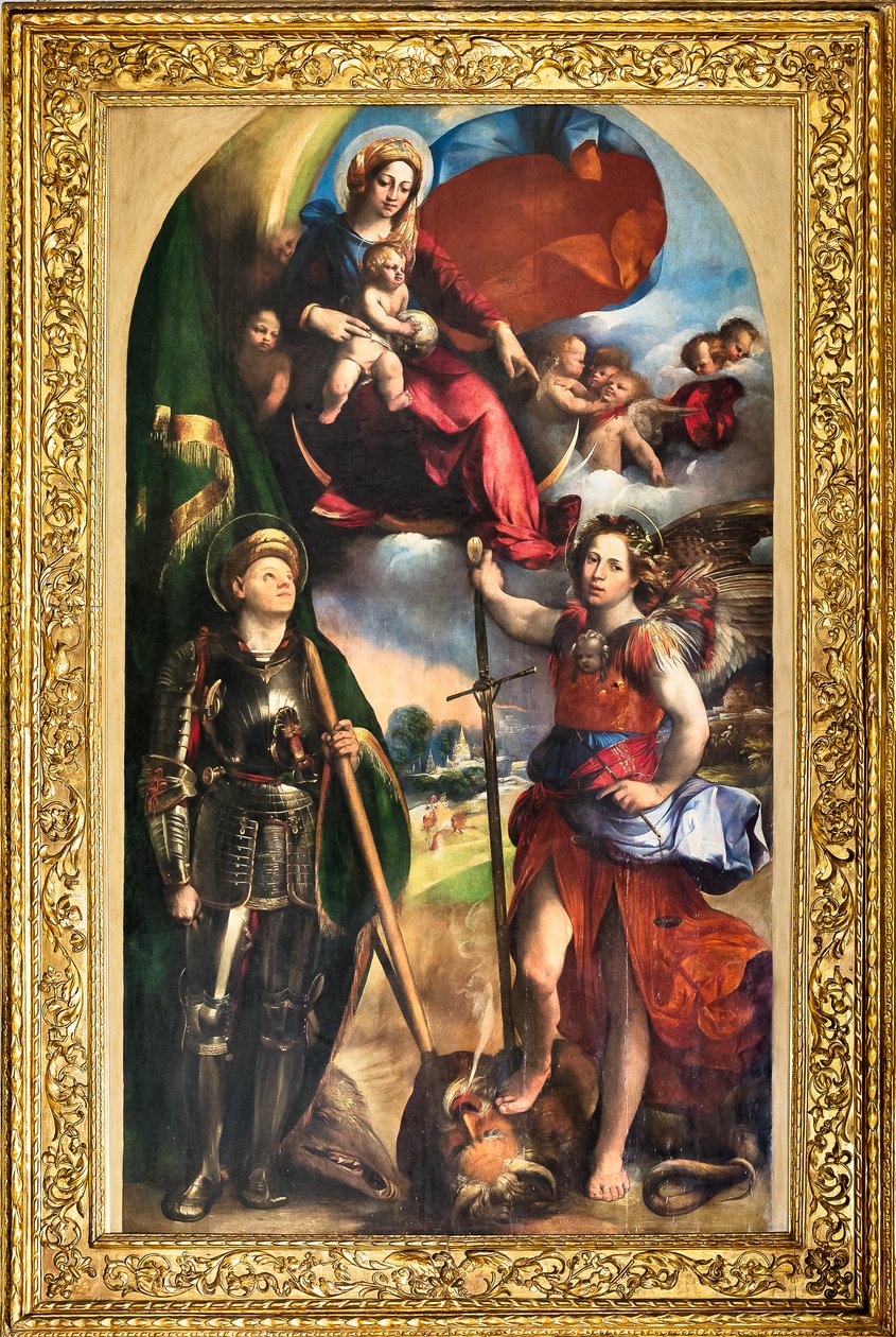 Madonna a Kis Jézussal és Szent Györggyel és Szent Mihály arkangyallal, 1518 körül (olaj, tábla) alkotó: Dosso Dossi