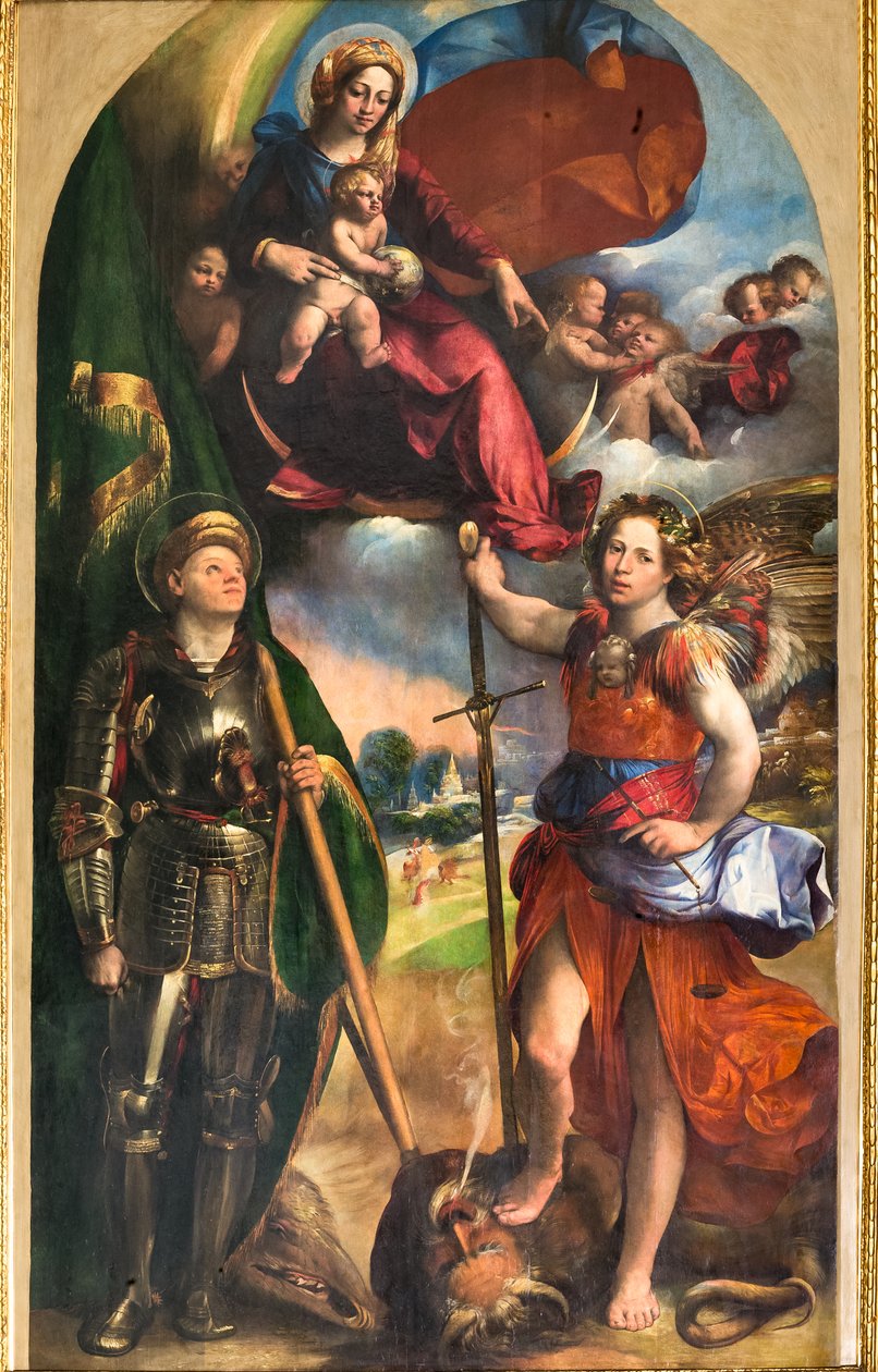 Madonna a Kis Jézussal és Szent Györggyel és Szent Mihály arkangyallal, 1518 körül (olaj, tábla) alkotó: Dosso Dossi