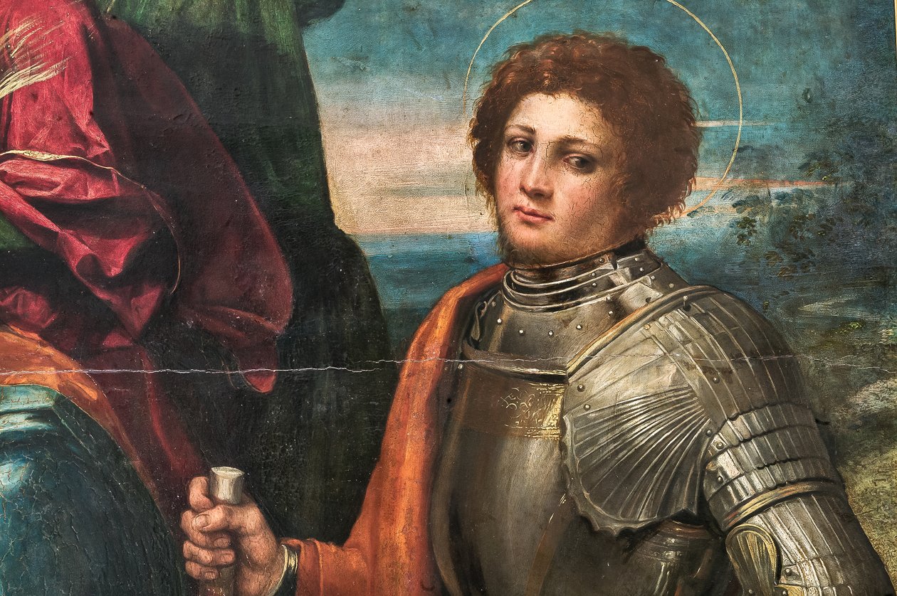 Madonna Kis Jézussal és Szent Sebestyénnel és Szent Györggyel, 2384616 részlet alkotó: Dosso Dossi