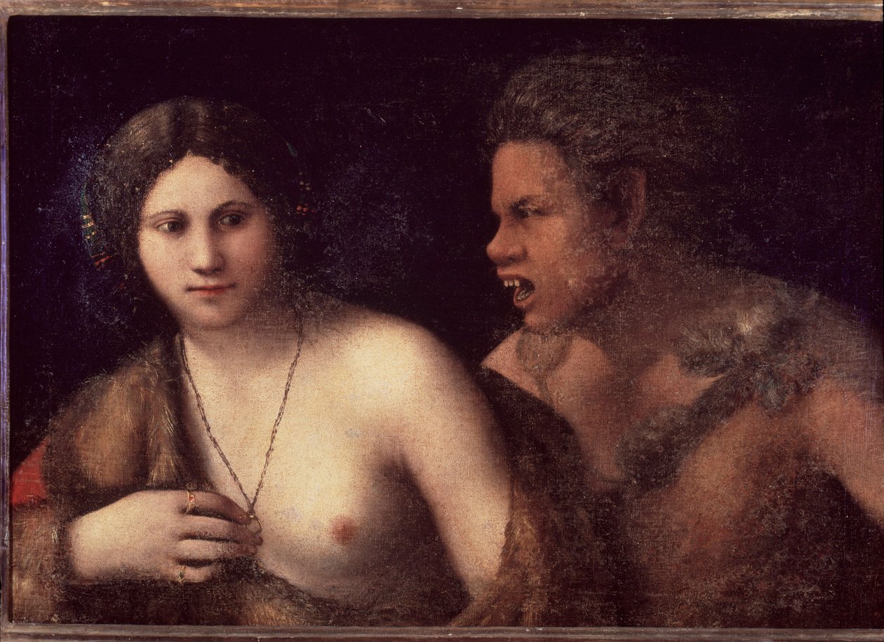 Nimfa és szatír - festészet alkotó: Dosso Dossi
