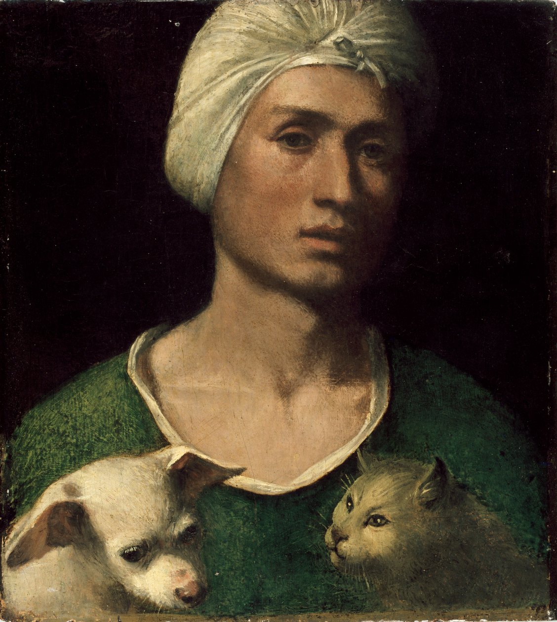 Egy fiatal férfi portréja, aki kutyát és macskát tart, 1530-as évek alkotó: Dosso Dossi