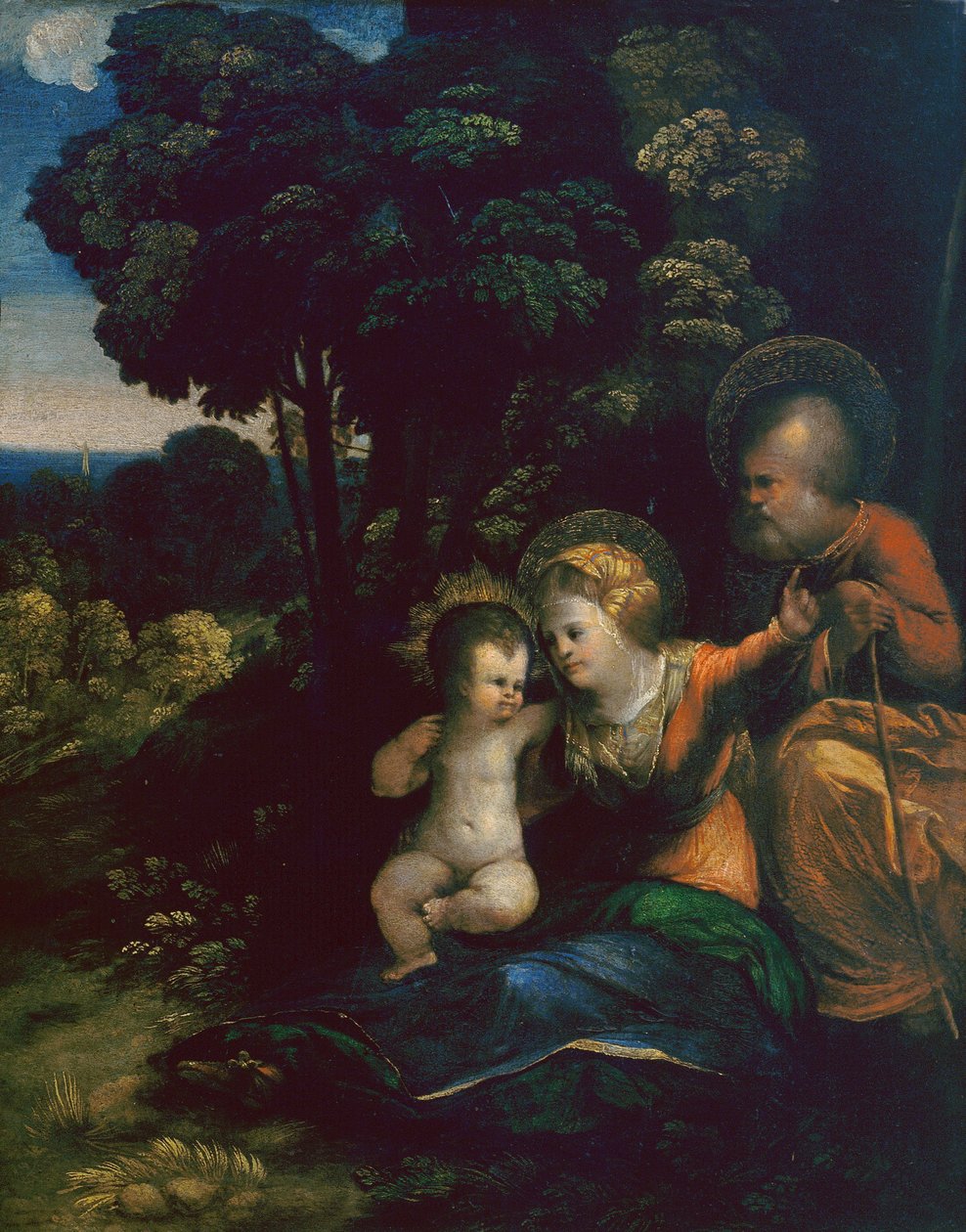 Pihenjen az egyiptomi repülésen, Dosso Dossi, a firenzei Uffizi Képtárban alkotó: Dosso Dossi