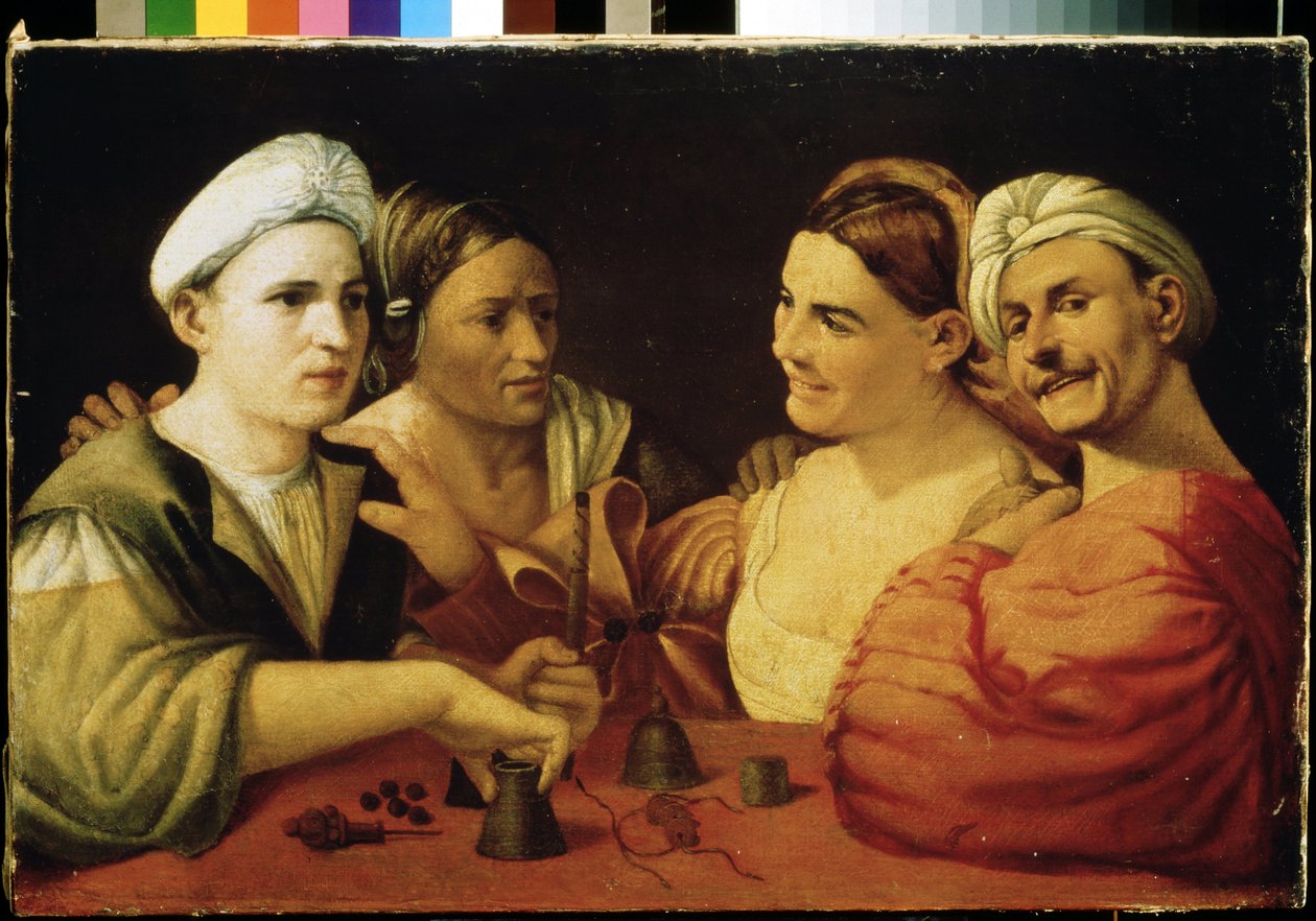""az illuzionisták"" (The conjurers) Néhány sarlatán, akik varázskockákkal megtévesztik áldozataikat. Giovanni Luteri festménye, Dosso Dossi (körülbelül 1486-1542) 16. századi Puskin Múzeum, Moszkva alkotó: Dosso Dossi