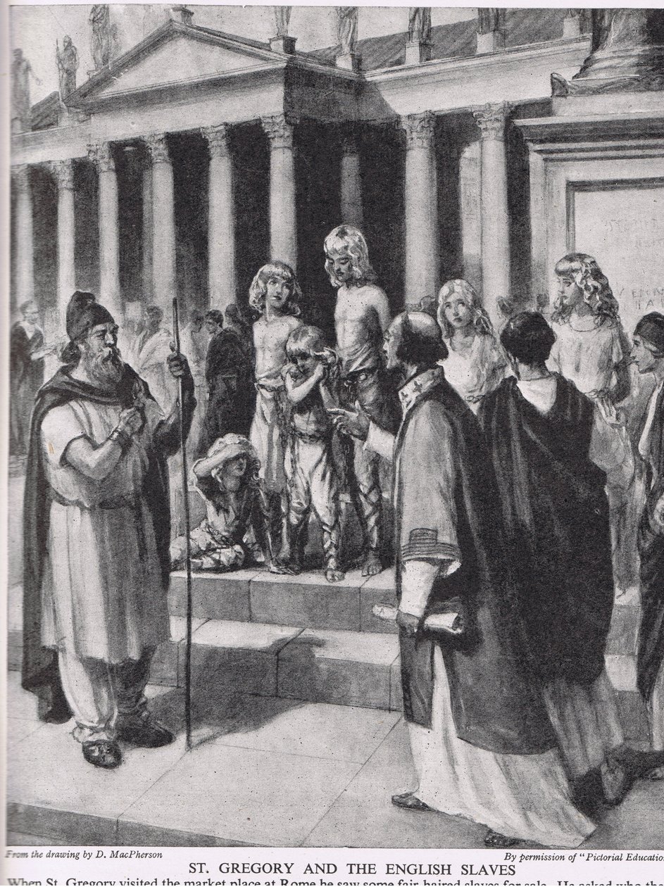Szent Gergely és az angol rabszolgák, illusztráció a "The Story of the British People"-ből, 1950 körül (litho) alkotó: Douglas (after) Macpherson