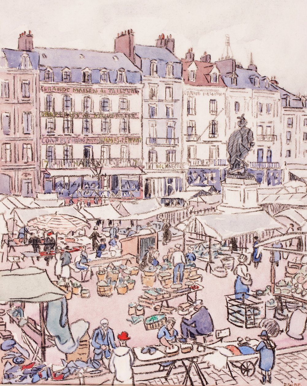 Place Nationale, Dieppe, 1910 körül (kréta és WC papíron) alkotó: Douglas Fox Pitt